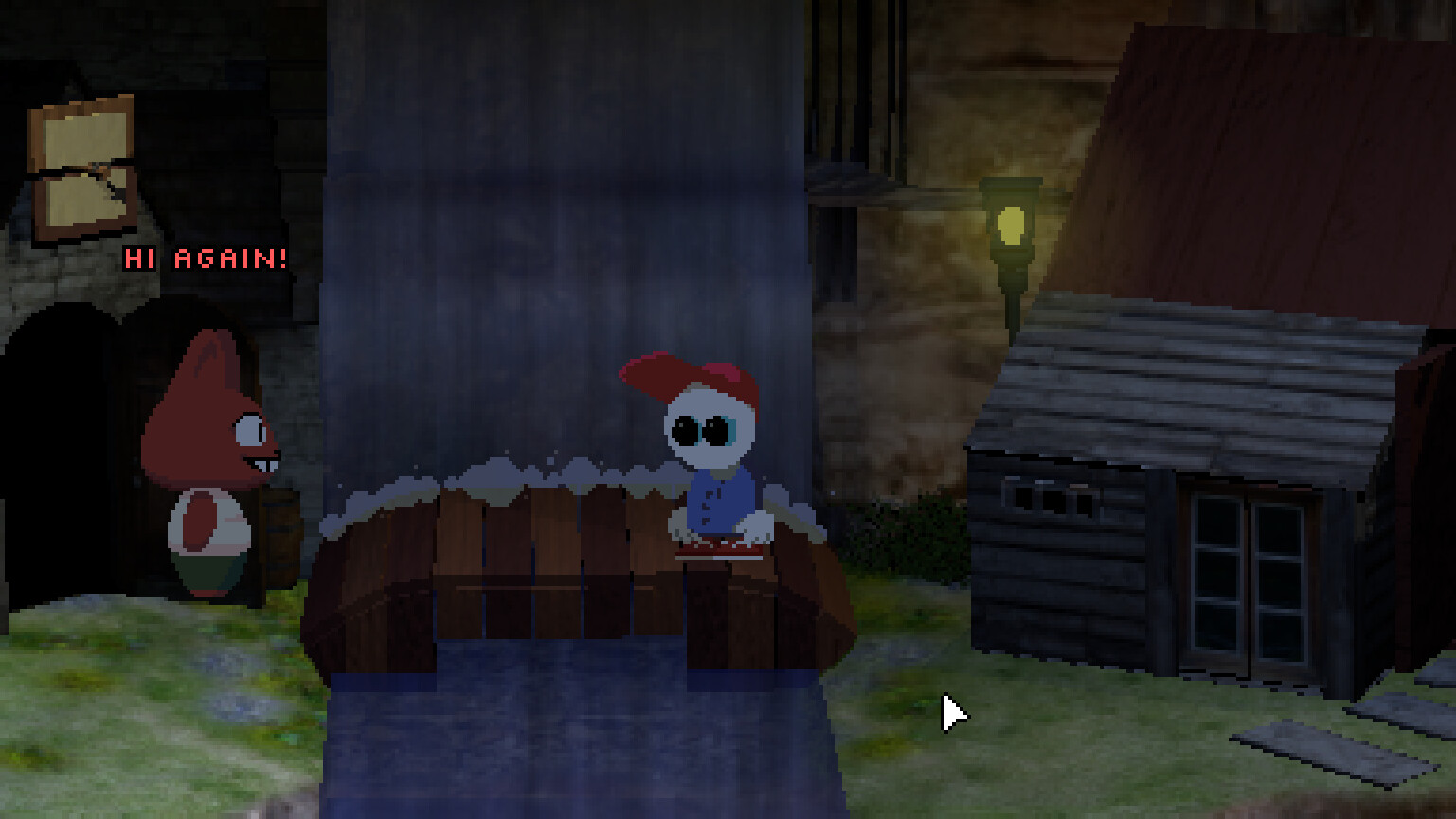 Mellow and another character standing near a bridge in Endacopia