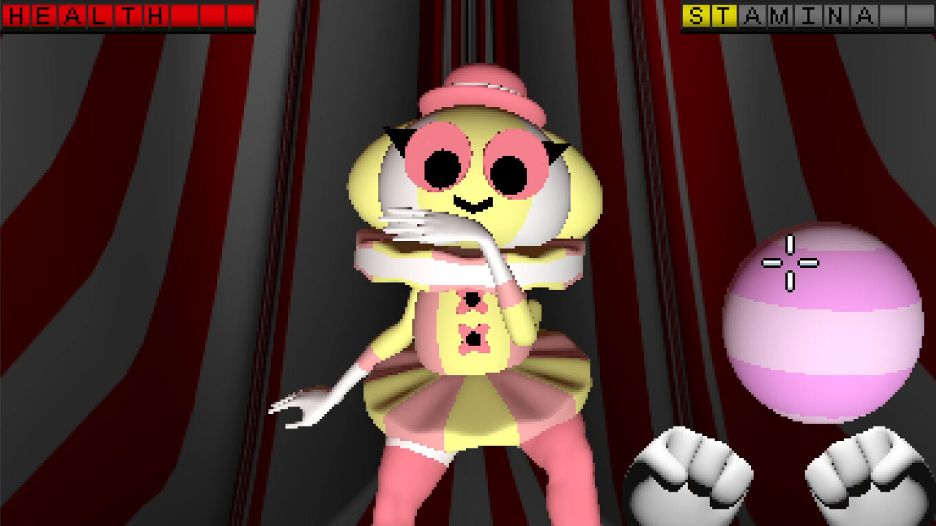A first-person fight against a pink character in Endacopia