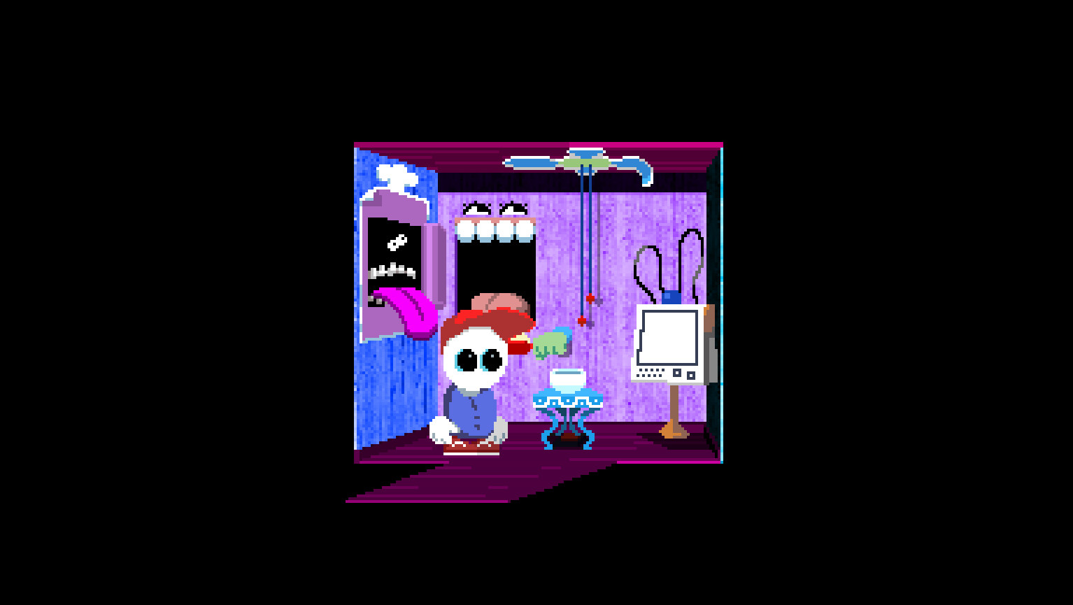Mellow in a brightly colored room with a strange computer