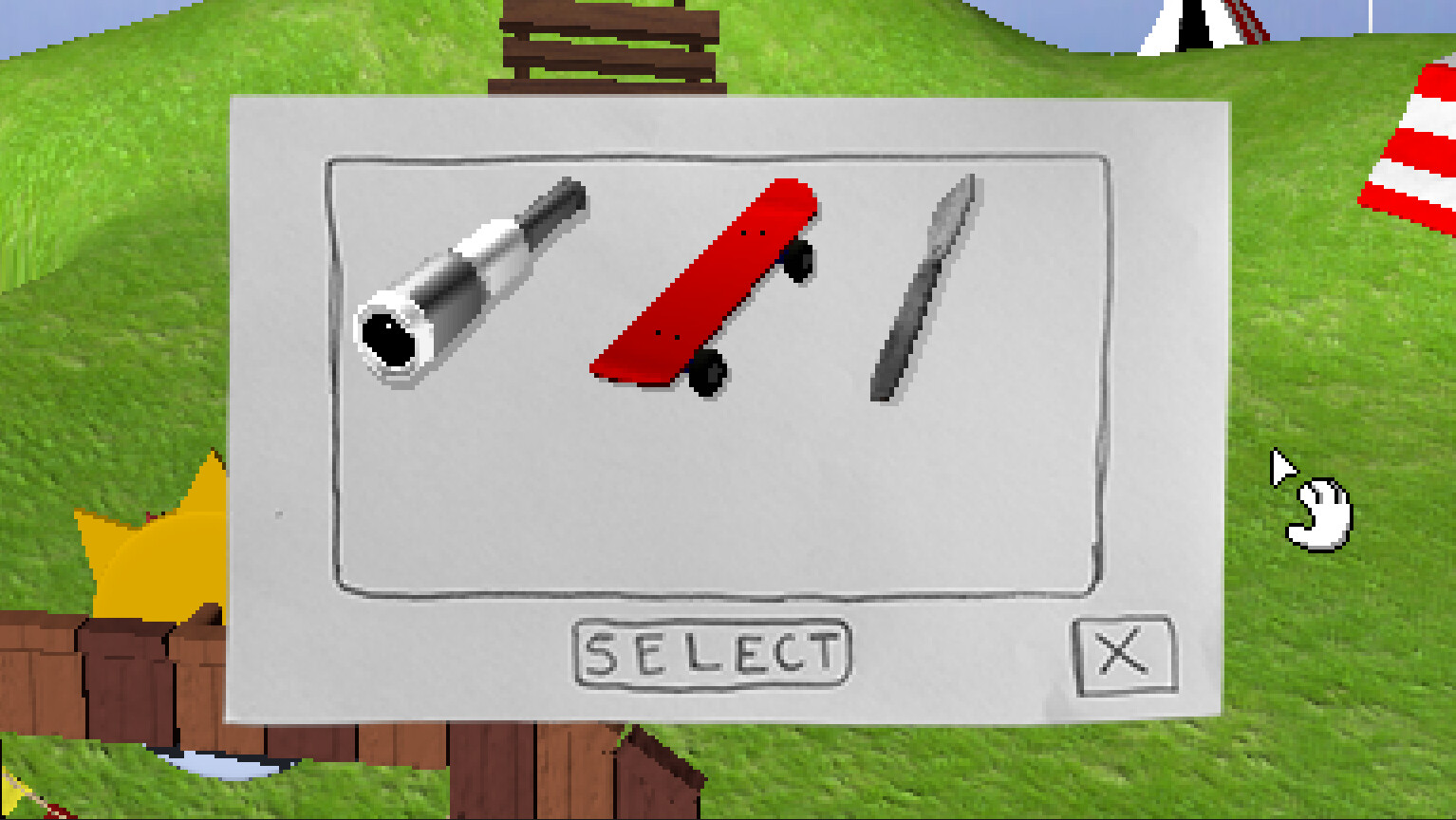The item selection screen in Endacopia showing a flashlight, skateboard, and file